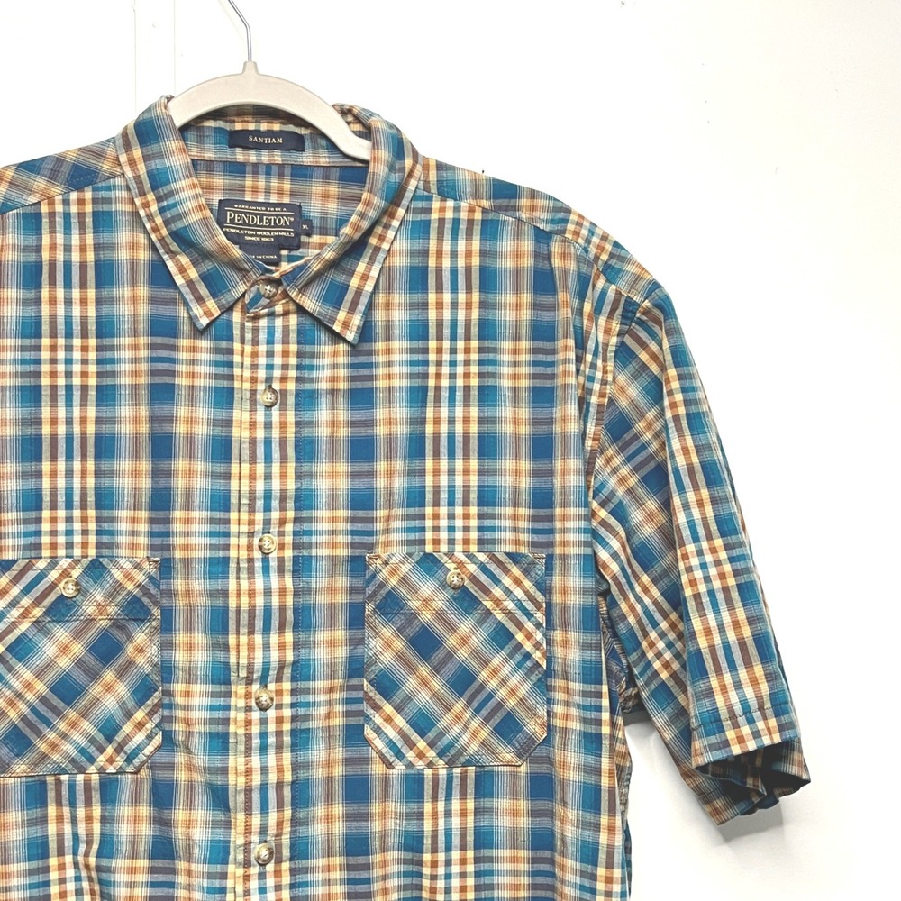 Pendleton Santiam Plaid Short Sleeve Button Up Shirt‎ Men's XL Blue Tan Brown